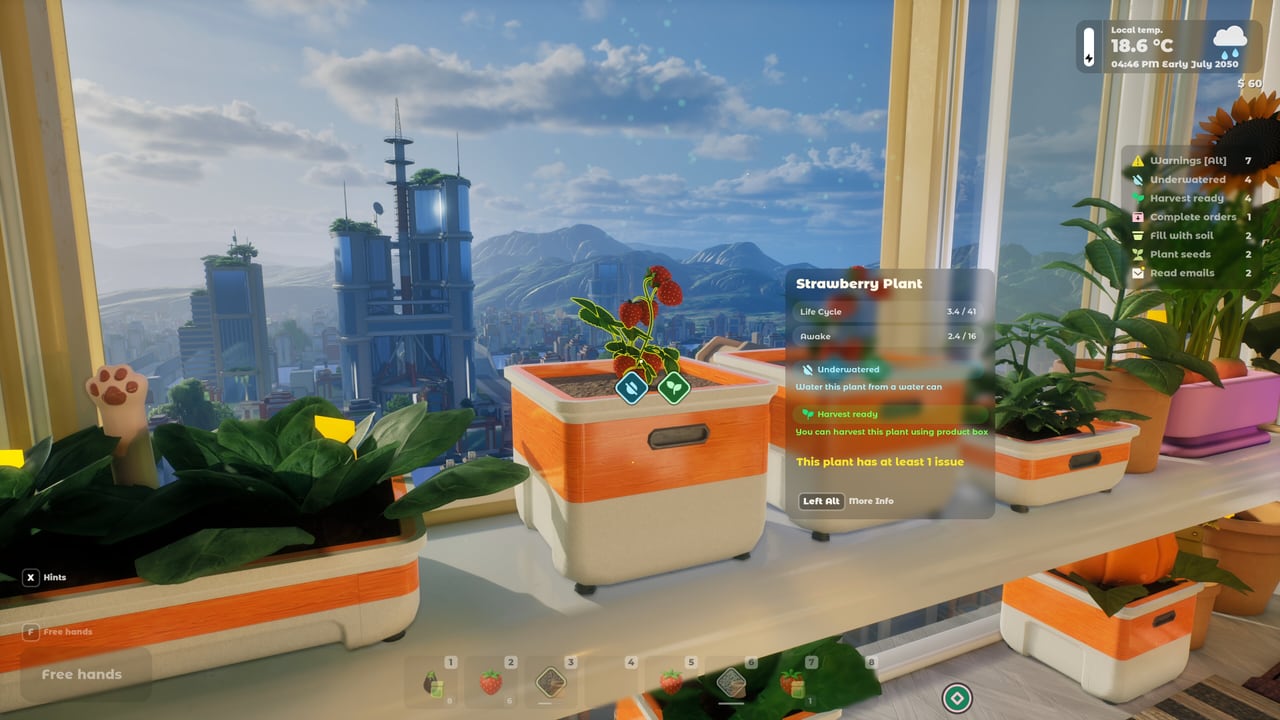 First-person Tiny Eden apartment garden with potted plants on a sunlit windowsill